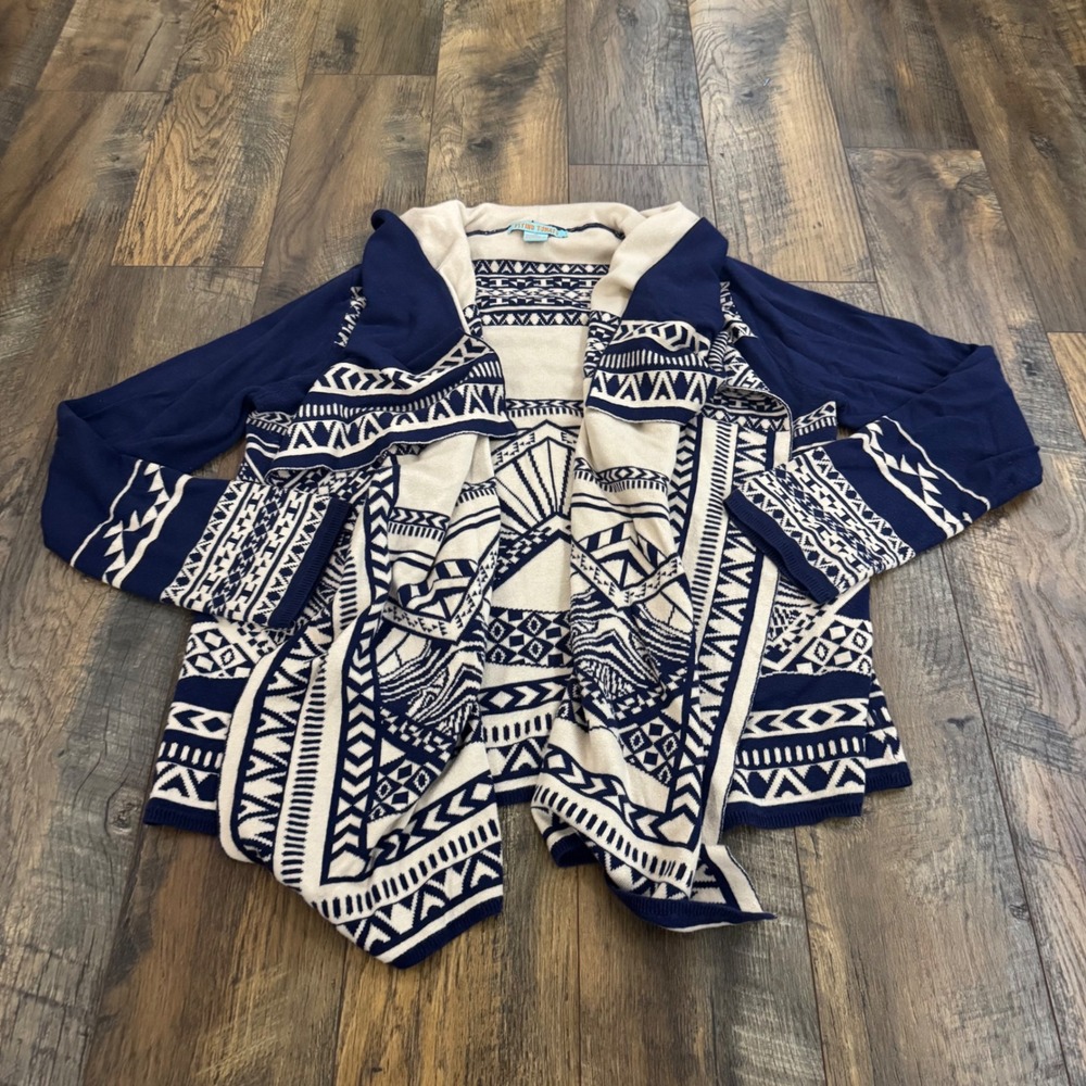 Flying Tomato Women's 1XL Cardigan Navy Ivory Aztec Southwestern Draped Sweater
